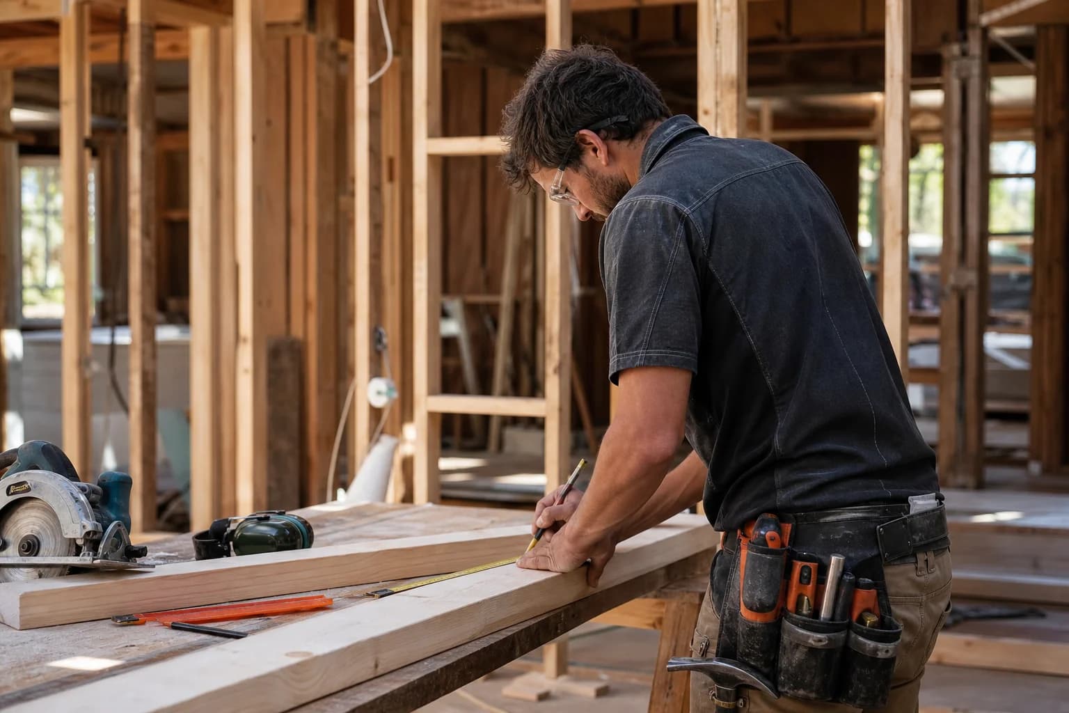 Carpenter measuring timber at a residential building site