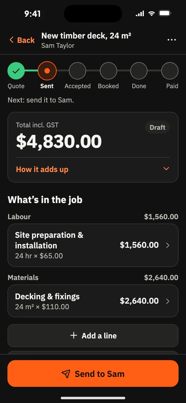 A phone camera scanning the QR sticker on the side of a van, the client’s request form, then the tradie’s phone: new request from Sam Taylor, draft ready to review