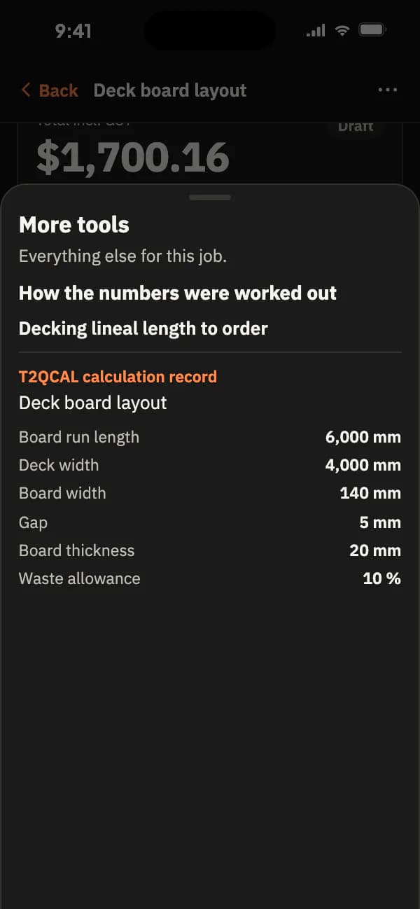 The T2QCAL iPhone app laying out a 6 by 4 metre deck: 28 boards and 184.8 metres to order, then Send to a quote making a Tradies2Quote draft with the working attached