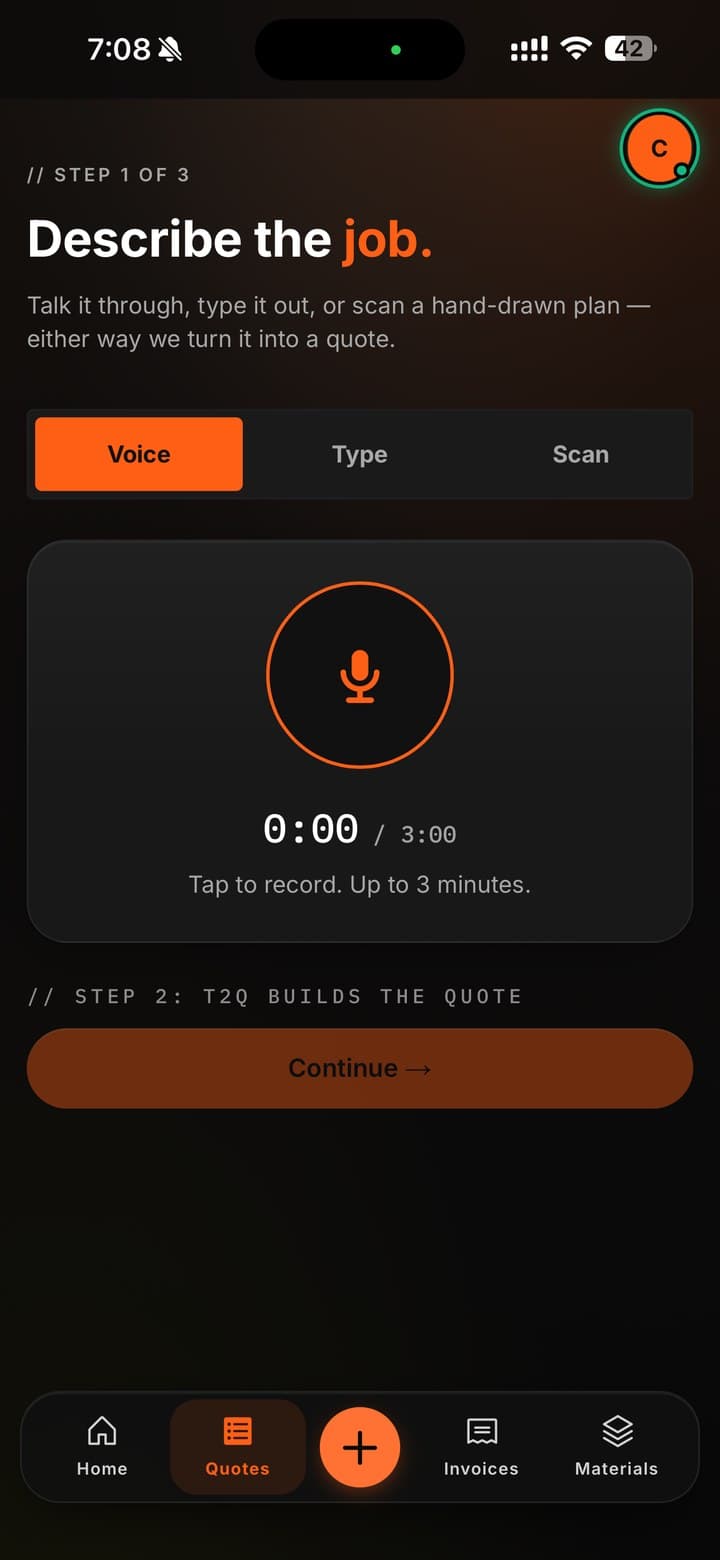 Voice input screen for building a quote from a site walkthrough