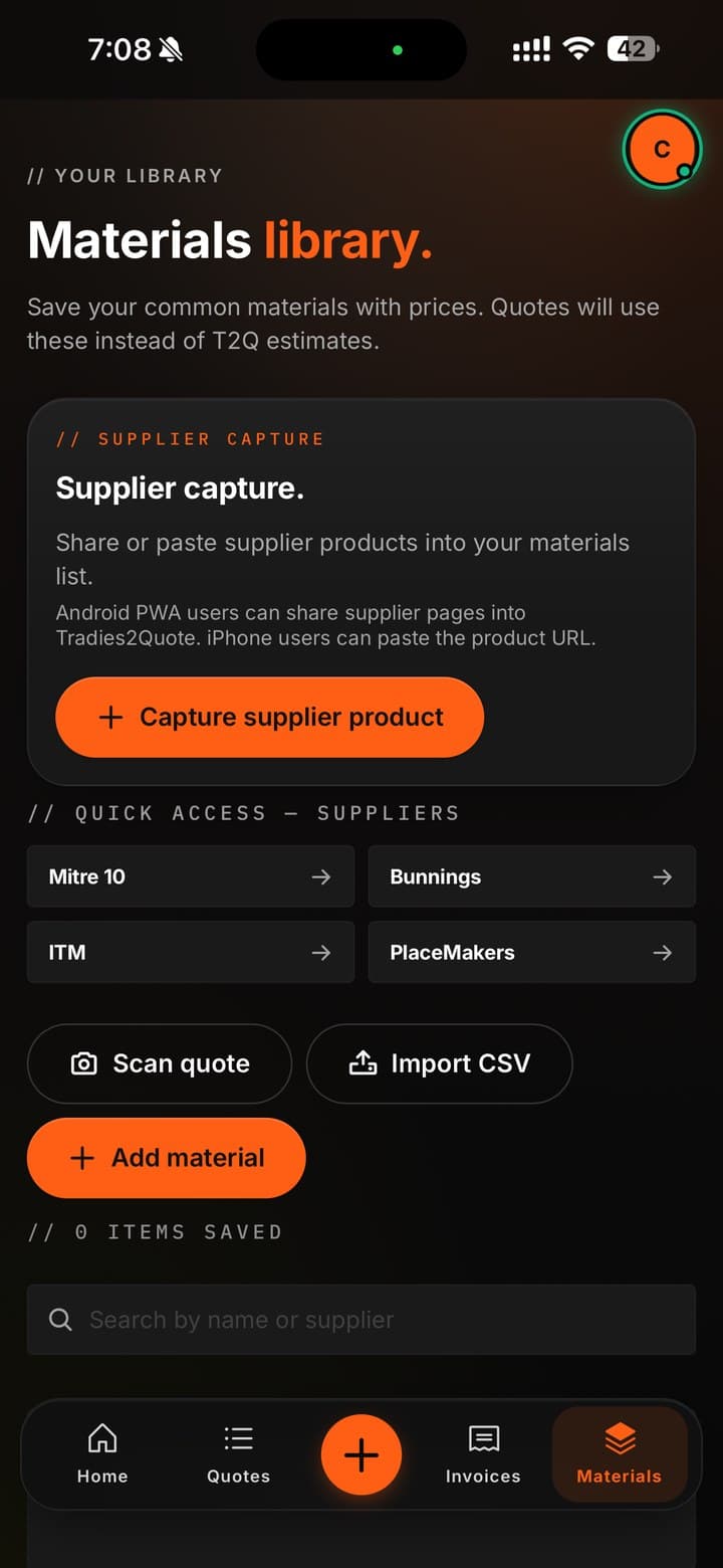 Tradies2Quote materials library and supplier capture screen