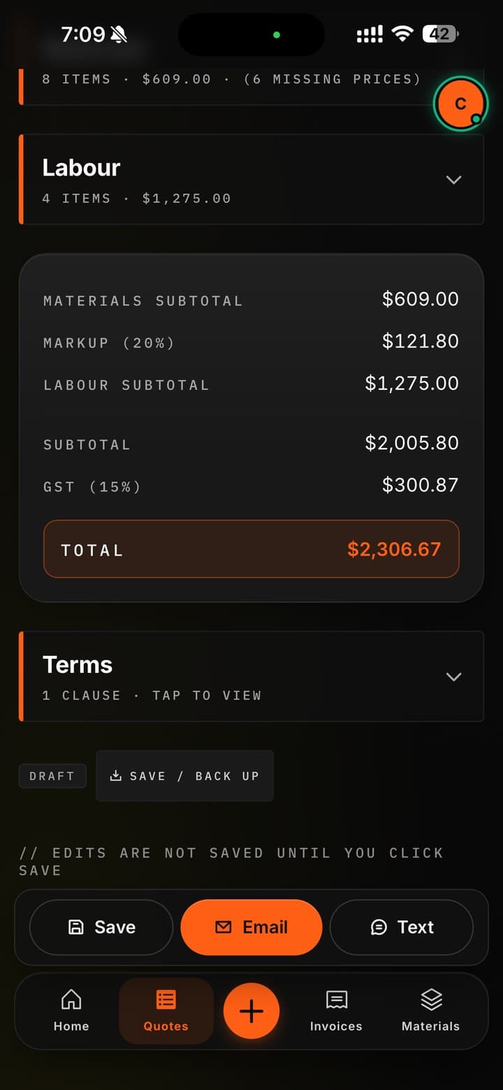 Quote editor showing materials, labour, GST and total