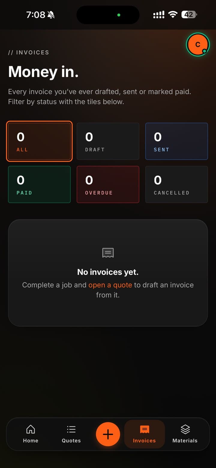 Invoice and payment workflow screen inside Tradies2Quote