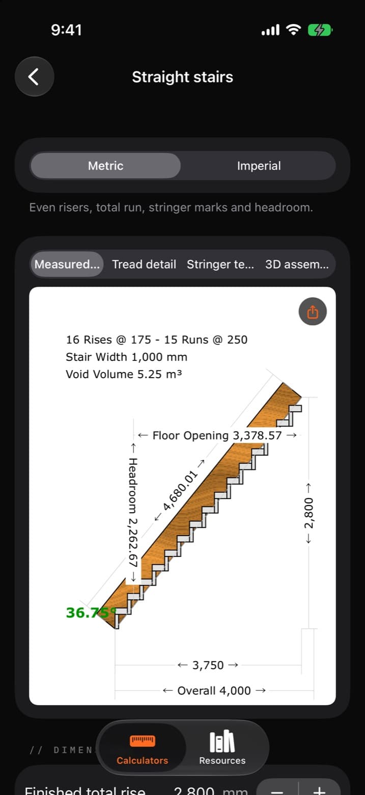 The straight stairs calculator in T2QCAL, drawing a stringer in section with the floor opening, headroom and pitch dimensioned