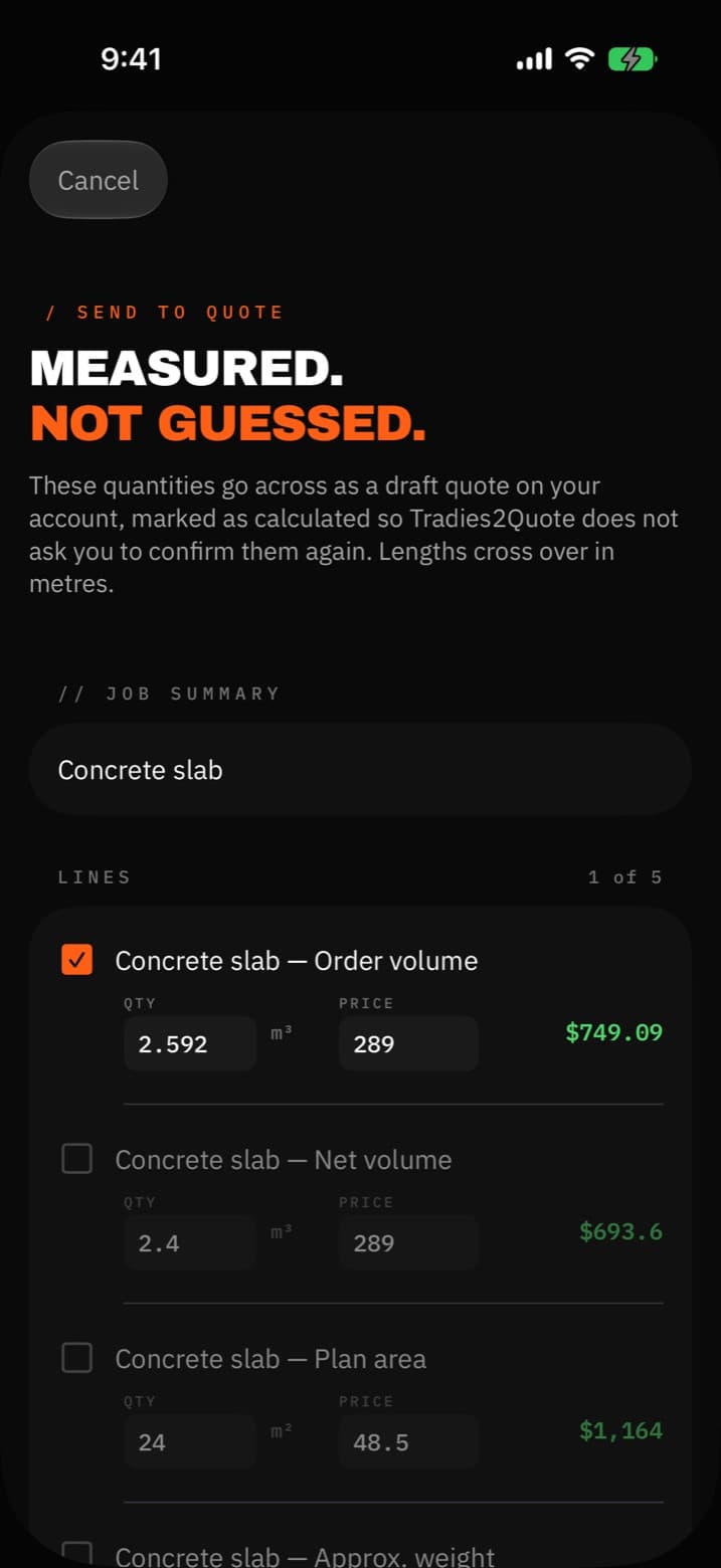 The review sheet before sending: the concrete slab's order volume ticked at 2.592 cubic metres, with net volume and plan area left unticked